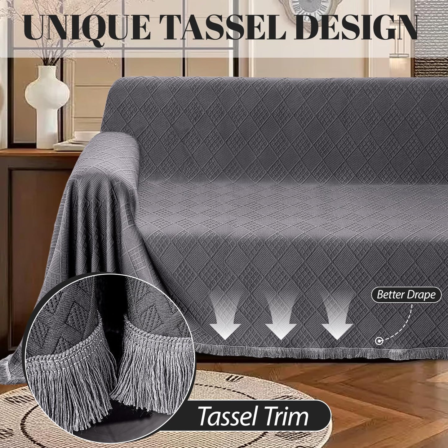 HYZOTEX Waterproof Sectional Couch Covers Sectional Sofa Cover L Shaped Corner Sofa Slipcovers Blanket for Dogs Pets Washable Jacquard Quilted L Shape Furniture Protector (75x276 in, Dark Grey)