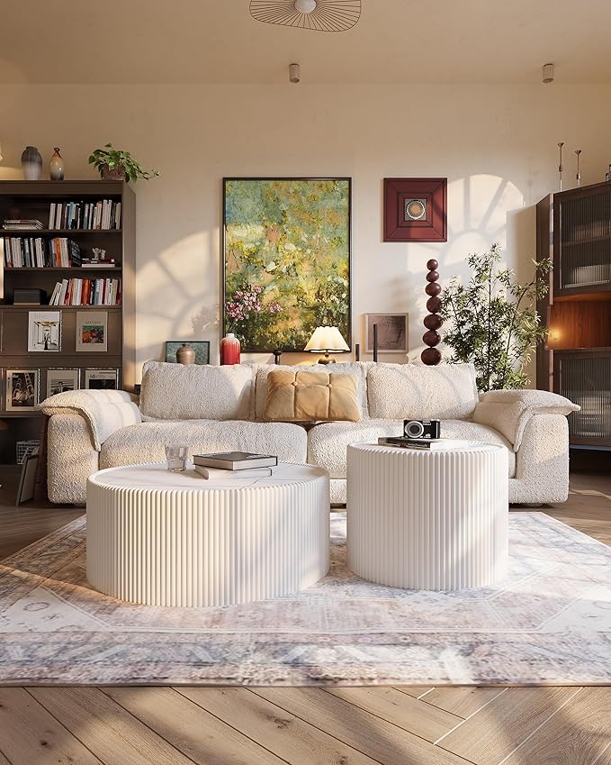 White Marble Coffee Table Set of 2, 29.52" Round Flued Coffee Table and End