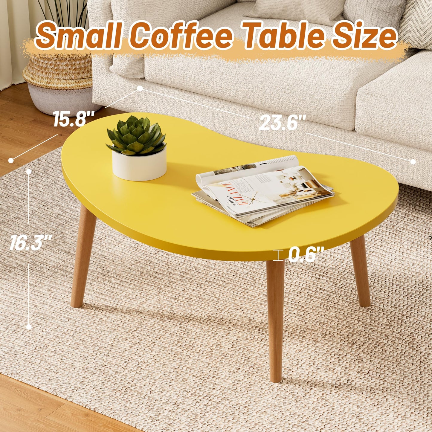 Small Coffee Table, Low Table with Solid Wood Legs, 23.6" Mini Mango Accent Table Side End Table, Floor Table Desk for Sitting on The Floor, Coffee Tea Table for Living Room, Dorm, Apartment, Yellow