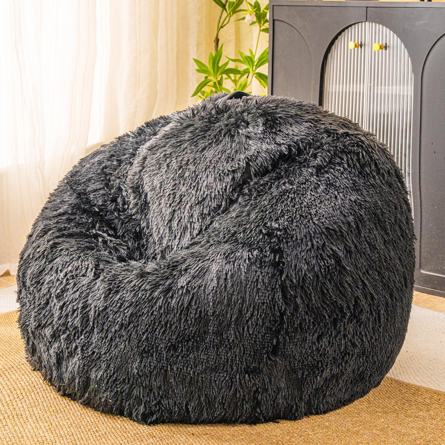 Black fuzzy bean bag chair covers (No Filler), comfy Shaggy Black bean bag chair Cover for bedroom, stuffed animal Storage, kids adults teens girls bean bag chairs, Anti-Slip