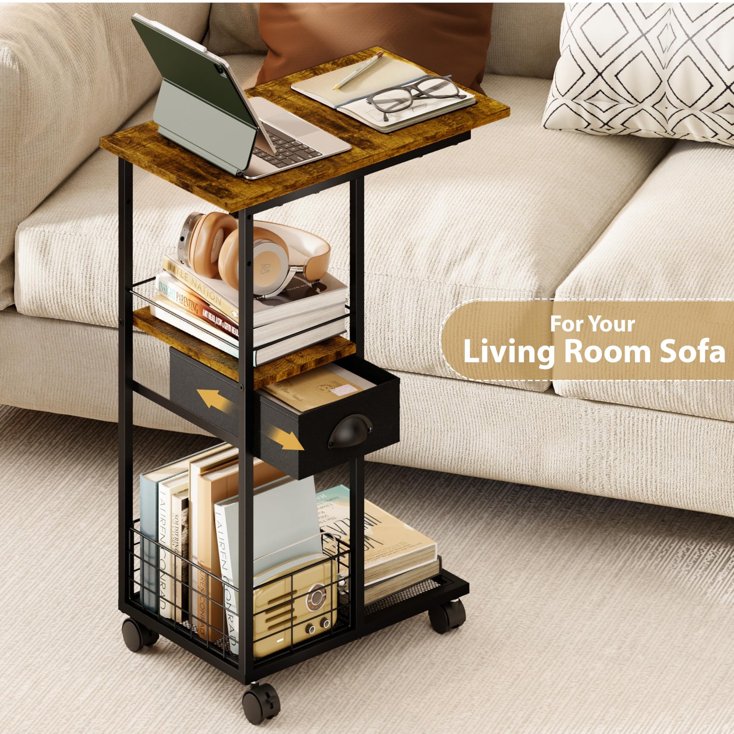 C Shaped Sofa Side Table with Wheels, Rolling Small Coffee Table with Drawer, Portable TV Tray Table for Couch, Bedside Table with Storage, Narrow Nightstand for Bedroom, End Tables Living Room