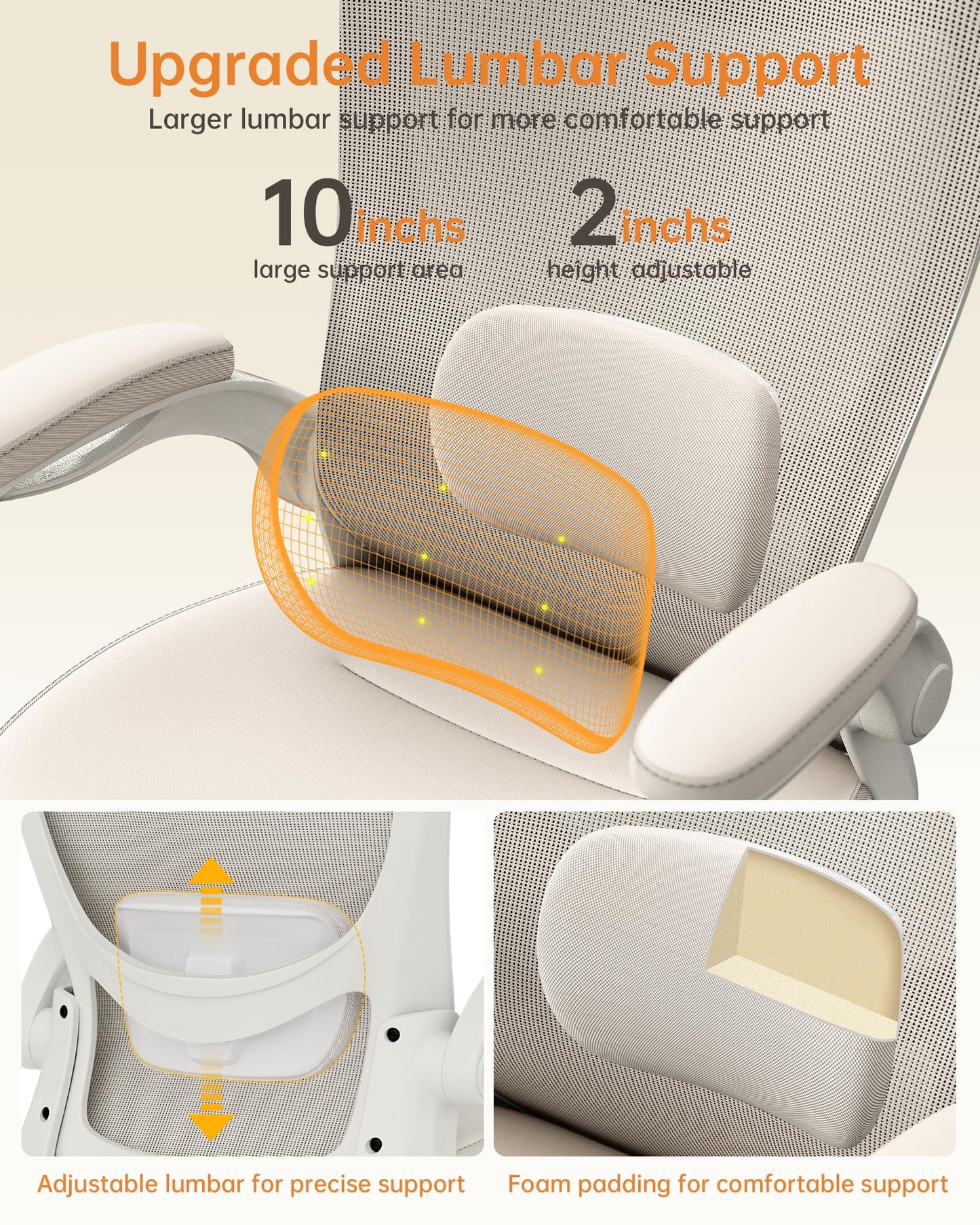 MUXX.STIL Office Chair, PU Leather Ergonomic Desk Chair with Adjustable Lumbar Support and Flip up Armrest, Breathable Mesh Computer Chair for Home Office, Khaki