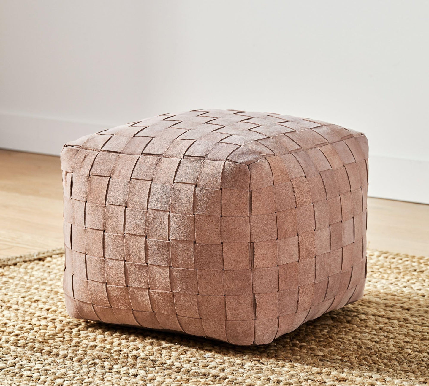 Luxury Handcrafted Suede Basketweave Pouf Ottoman – Soft & Durable Floor Cushion, Footrest, Accent Seating for Living Room, Bedroom, Office Stylish Modern Home Décor (Rosewood, 18" x 18" x 14")