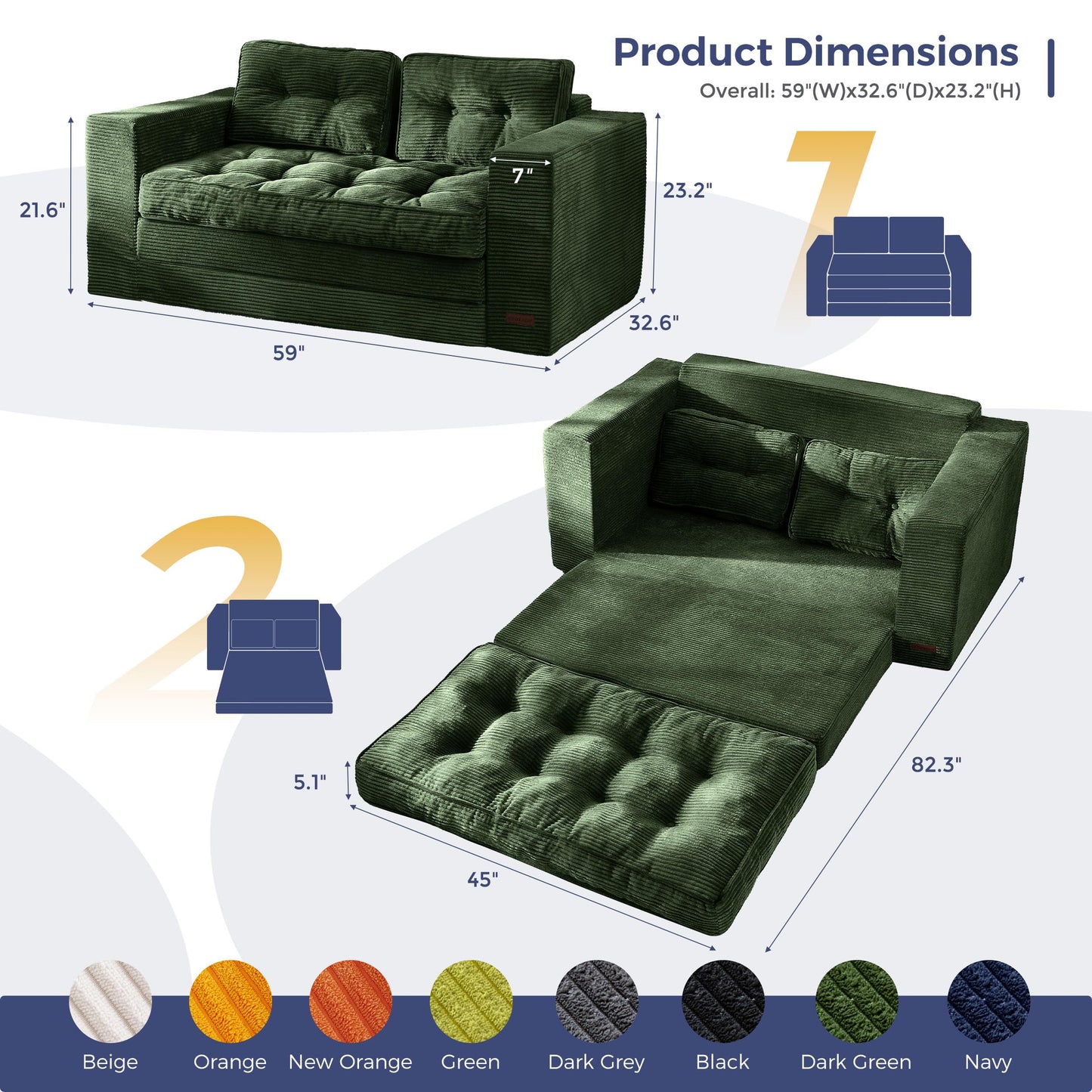 MAXYOYO Convertible Sofa Bed, Pull Out Loveseat Sofa Couch, 2 in 1 Folding Couch Bed, Fold Out Floor Couch with Pillows for Living Room Bedroom Lounge, Dark Green