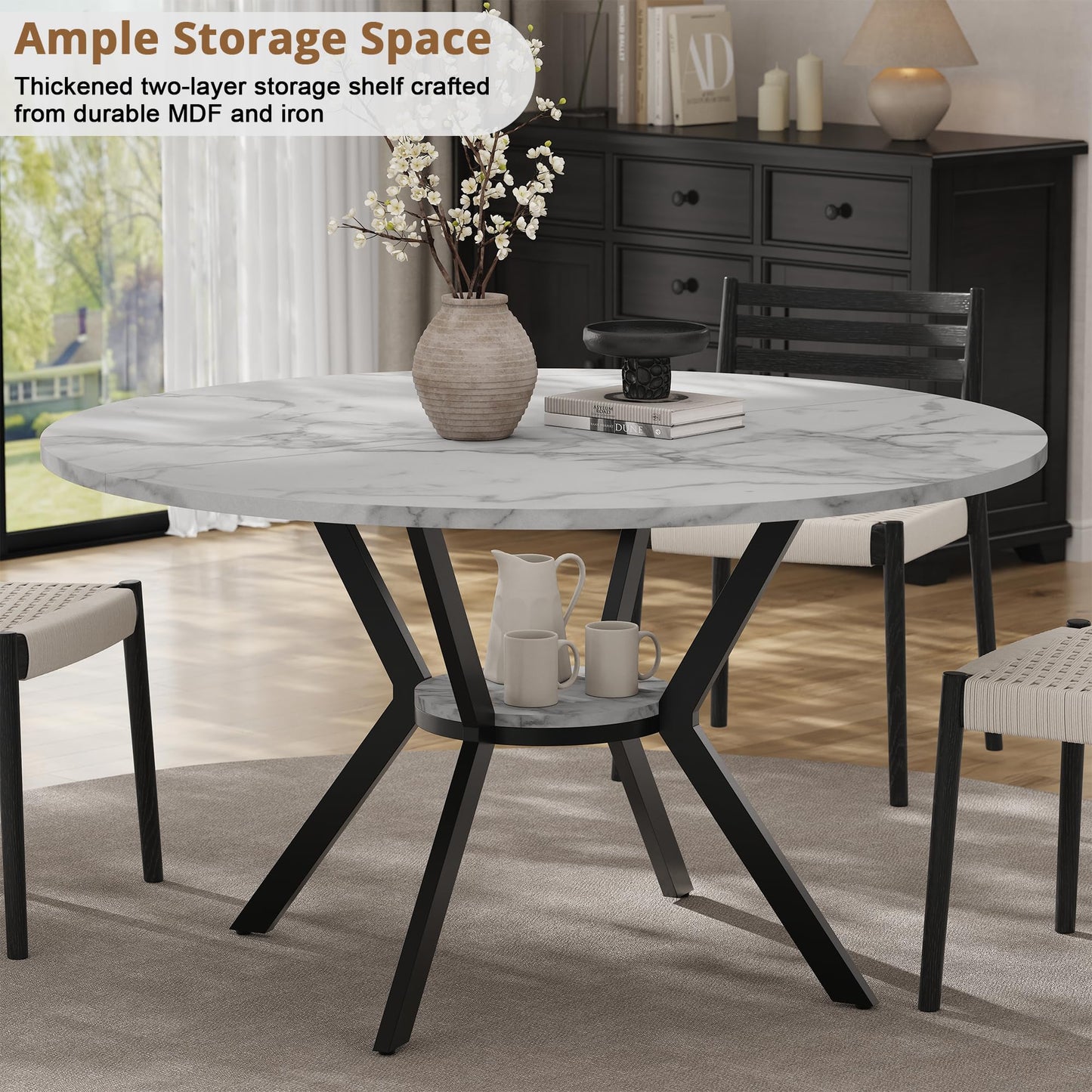 42" Round Dining Table for 2-4, Modern Kitchen Table with Faux Marble Tabletop & Metal Legs, Space Saving Circle Table with Storage, Wood Kitchen & Dining Room Tables for Kitchen Dining Room