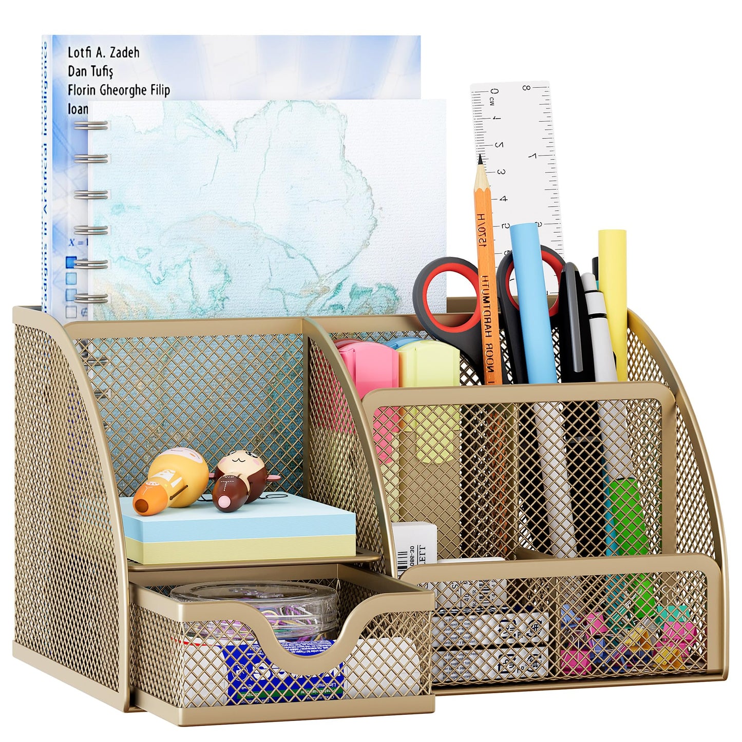EasyPAG Mesh Desk Organizer with Drawer Multi-functional Pen Holder Stationery Organizer for Office School Supplies 6 Compartments Dorm Organizers and Storage for Desk, Gold