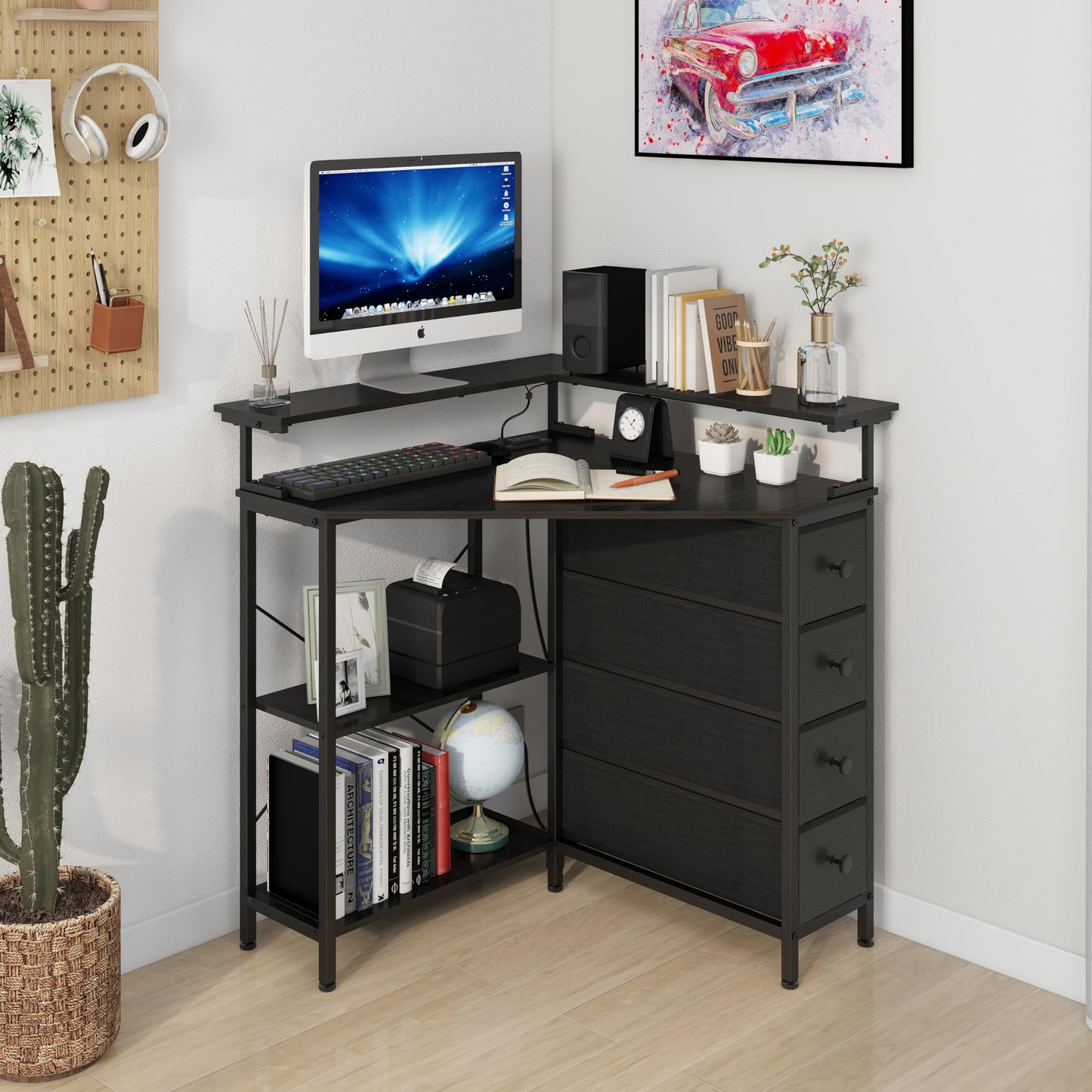 VENNQD Corner Desk with Drawers Shelves for Small Space 90 Degrees Triangle Computer Desk with Power Outlets,Gaming Desk with LED Lights Monitor Stand for Home Office Workstation Writing Table (Black)