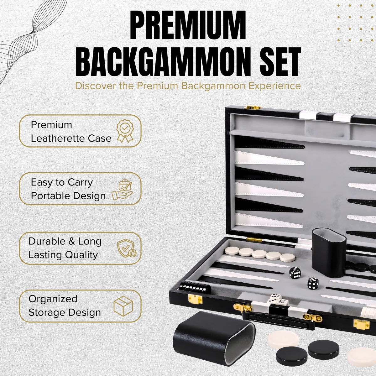 Crazy Games Premium 18 Inches Large Black - Backgammon Sets for Adults and Kids - Leatherette Back Gammon Board Game Set - Travel Backgammon Set Board Encased with Accessories