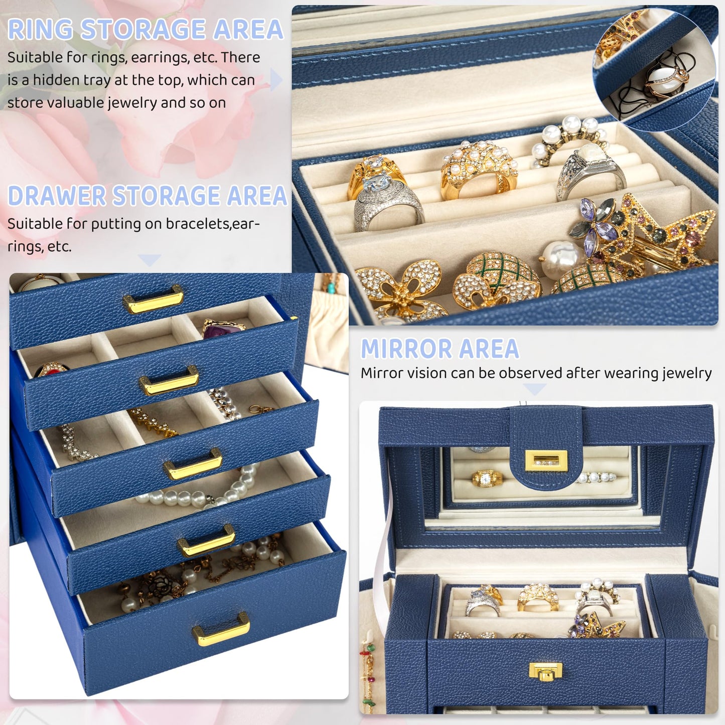 AKOZLIN 6-Tier Jewelry Box Organizer Functional 5 Drawers Leather Jewelry Storage Case for Women Girls Ring Necklace Earring Bracelet Holder Organizer with Mirror Blue Regular