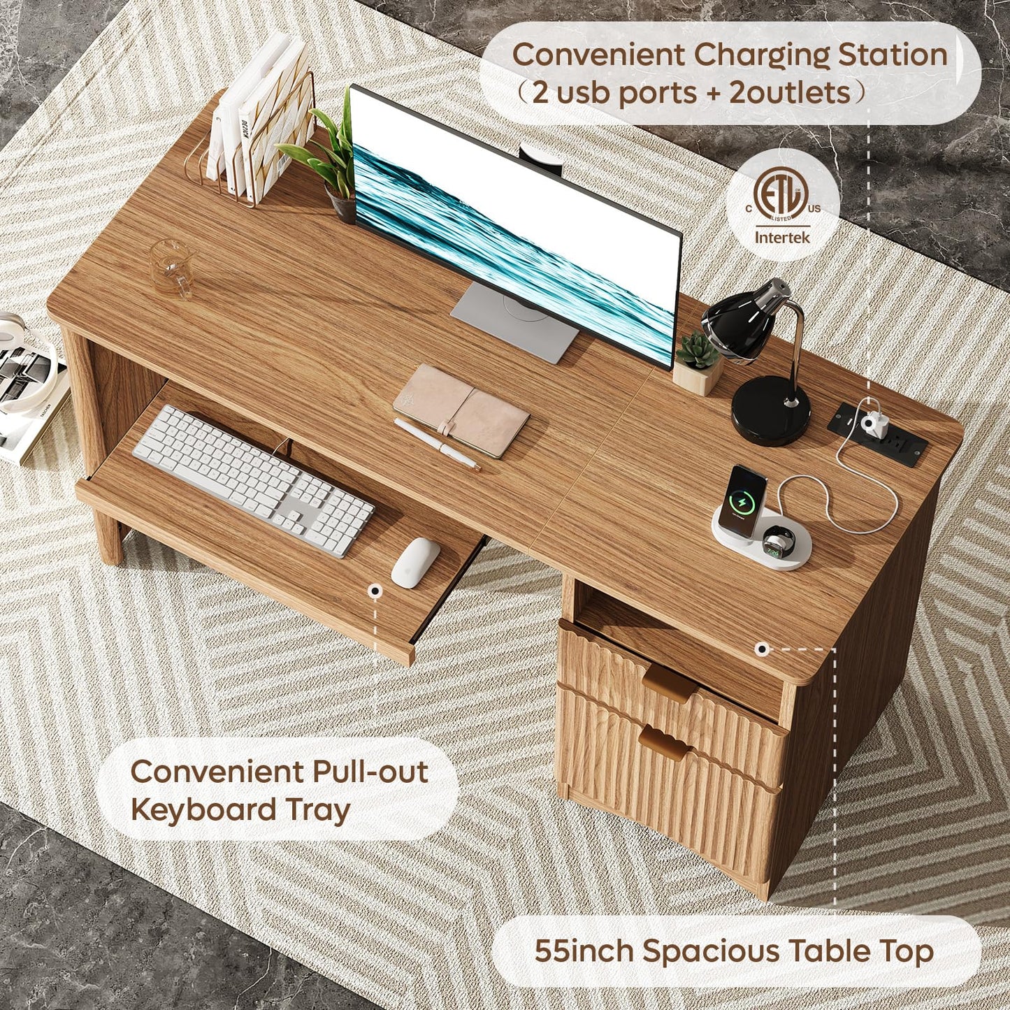 Bestier Computer Desk with Drawer, 55 inch Office Desk with Power Outlet, Modern Home Office Desk with Keyboard Tray (55" W with Single-Sided Drawers)