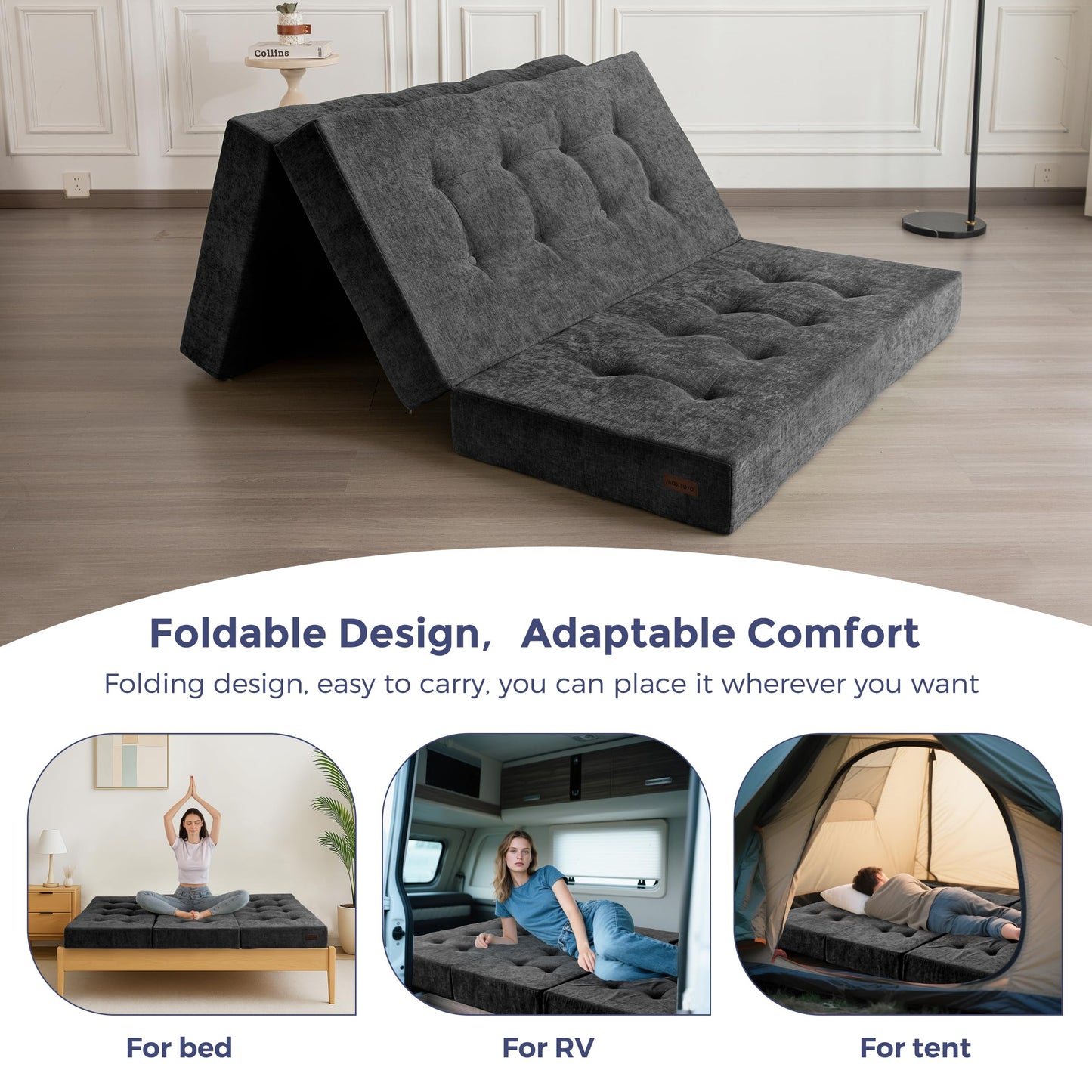 MAXYOYO 6" Folding Sofa Bed for Floor, Tufted Tri-Fold Floor Mattress with Chenille Fabric, Twin Size Portable Sofa Couch Guest Mat for Adults, Foldable Topper for Camping, Dark Grey, 35.4"x75"