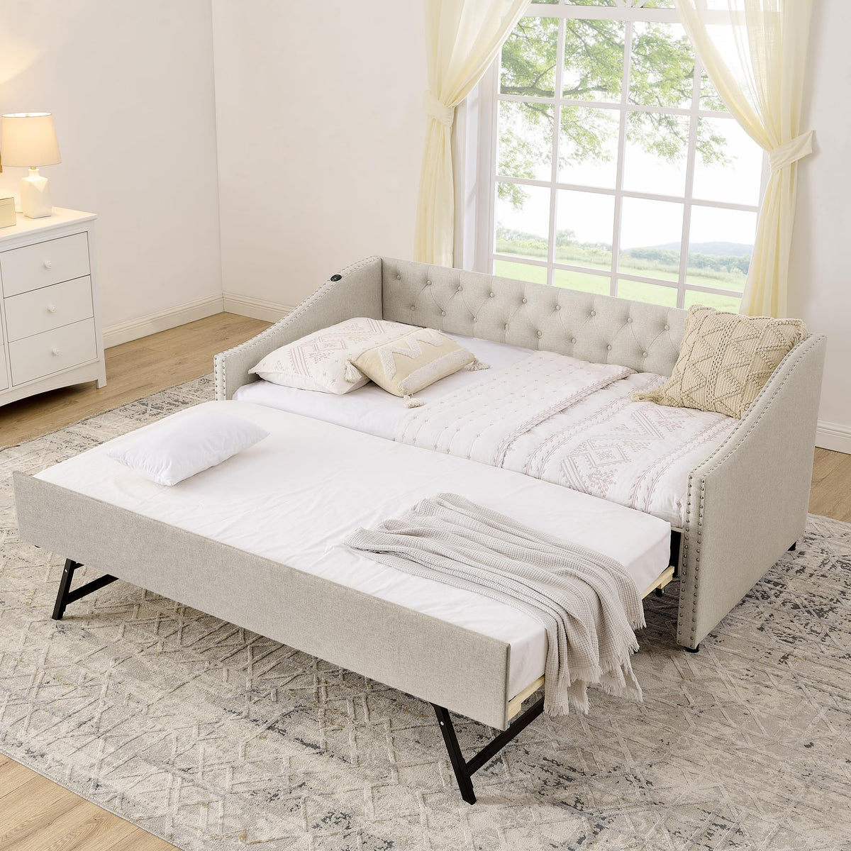 Ball & Cast Twin Size Upholstered Daybed with Pop Up Trundle & USB Port,Twin to King Daybed Frame with Button Tufted Backrest & Nailhead Trim Design, Extendable Trundle Bed,No Box Spring Neeed,Beige