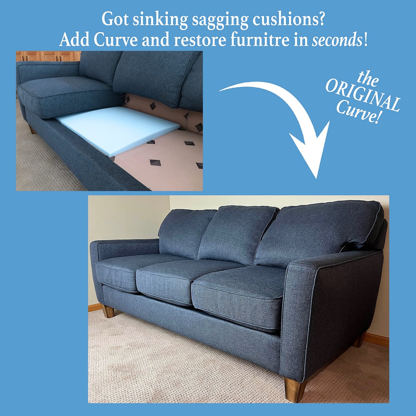 Stratiform Couch Cushion Support for Sagging Sofa Original Curve (Set of 2), Firm 20x20x2” High-Density Foam Couch Repair Pads, Seat Saver for Sofas, Sectionals & Chairs, Made in USA