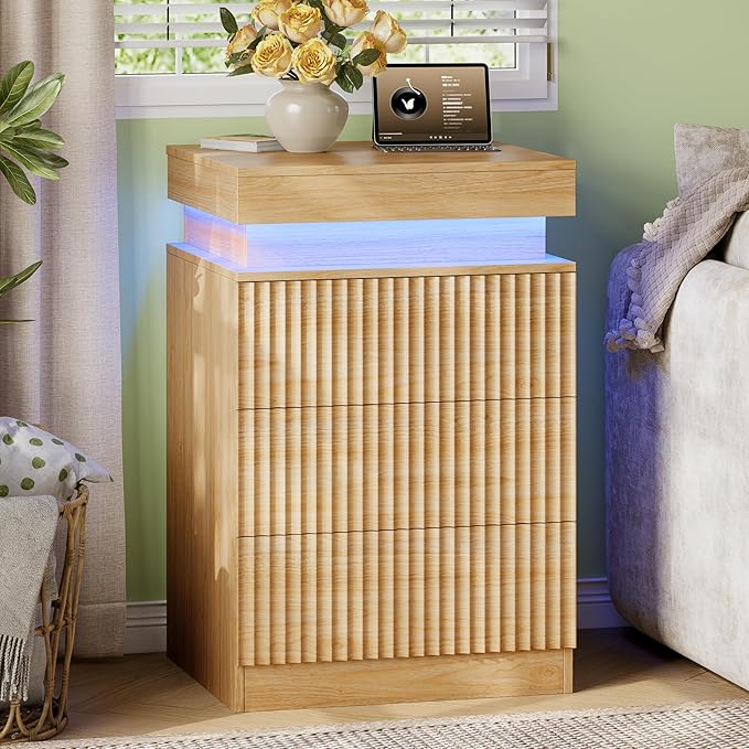 Xixini Nightstand with Charging Station and LED Lights, Fluted Night Stand with