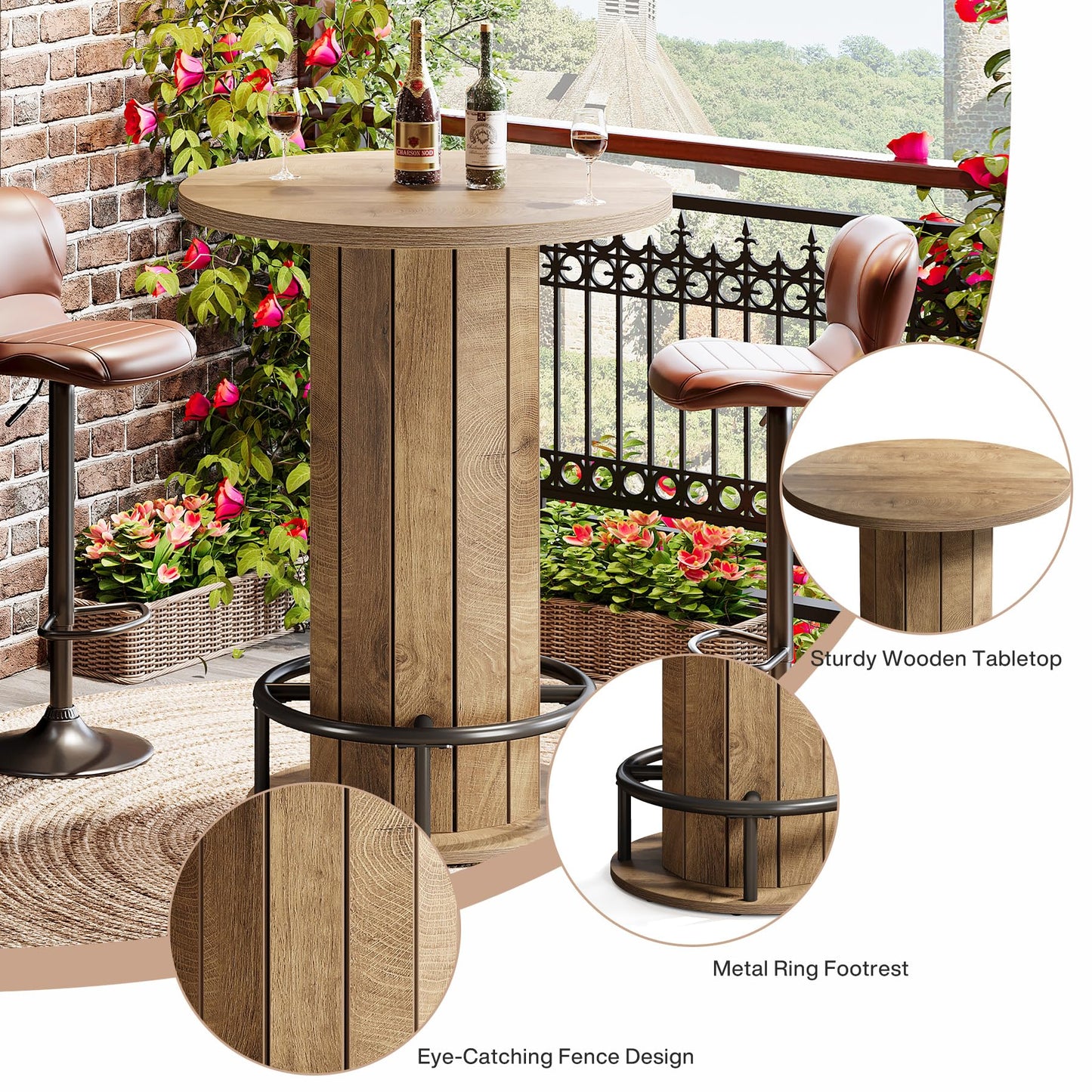 Tribesigns Round Bar Table, 39.4" H Wood Bistro Pub Table with Metal Ring Footrest for Dining Coffee Cocktail Living Room, Small Space, Light Brown (Only Table)