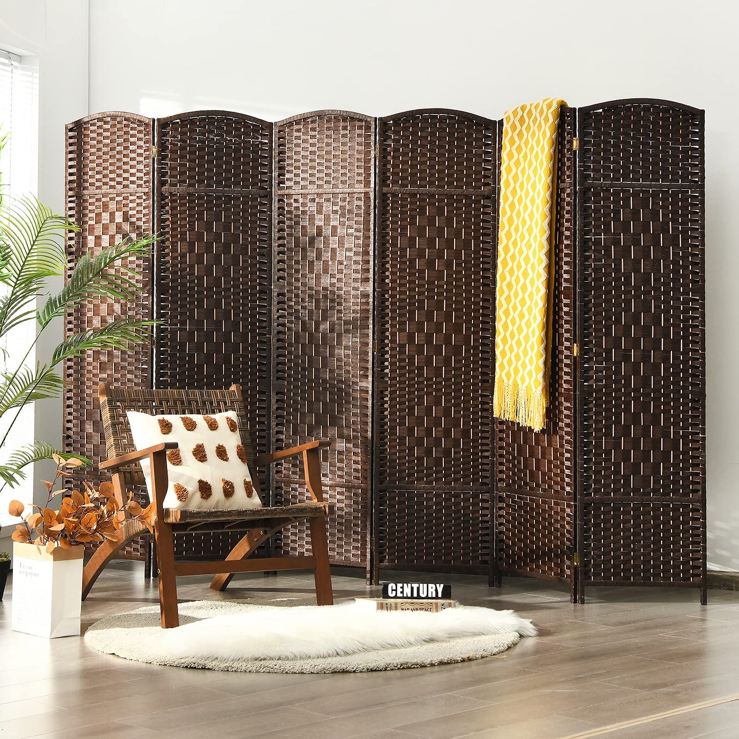 Giantex 6 Panel 6 Ft Tall Room Divider, Freestanding Wood Partition Room Divider Panel with Hand-Made Woven Paper Fiber, Room Dividers and Folding Privacy Screens for Bedroom, Small Space, Brown