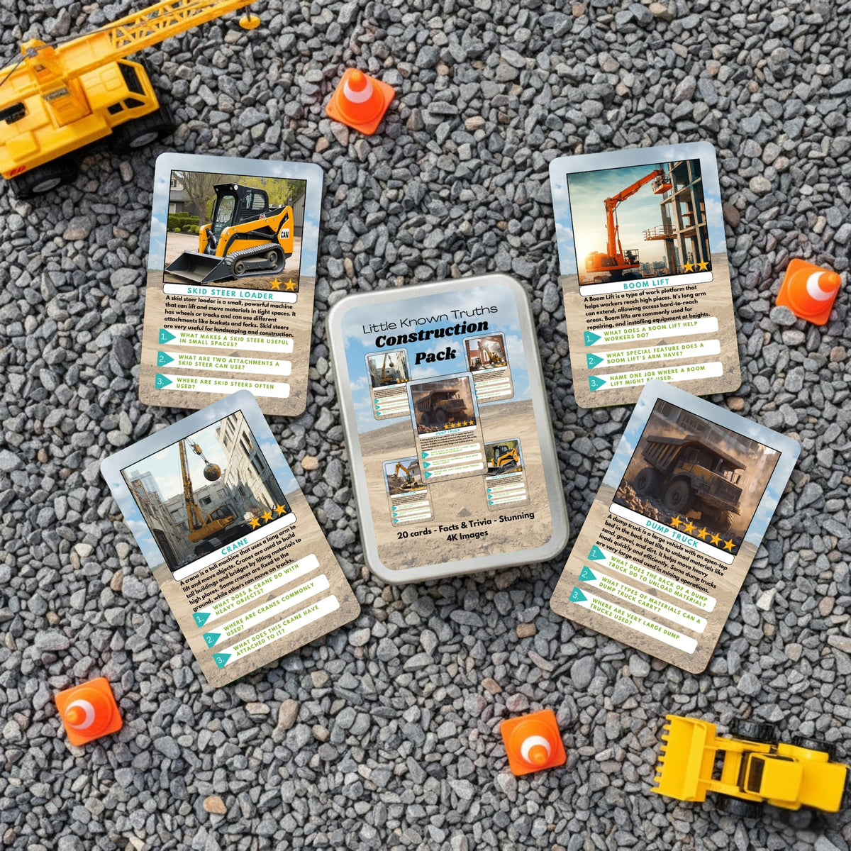 Little Known Truths Construction Vehicle Trivia Flash Cards for Kids Ages 3+ | Educational Learning Cards with Trucks & Machines, STEM Fact Cards in Metal Tin, Screen-Free Travel Toy