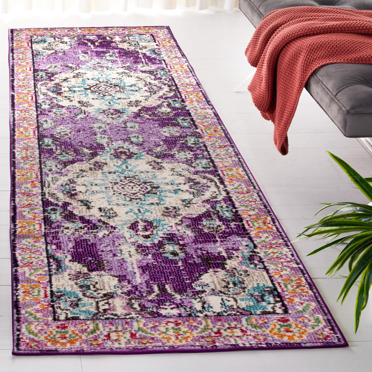 SAFAVIEH Monaco Collection Runner Rug - 2'2" x 14', Violet & Light Blue, Non-Shedding & Easy to Clean, Distressed Medallion Design, Ideal for Hallway, Foyer, Entryway, Kitchen, Bedroom (MNC243L)