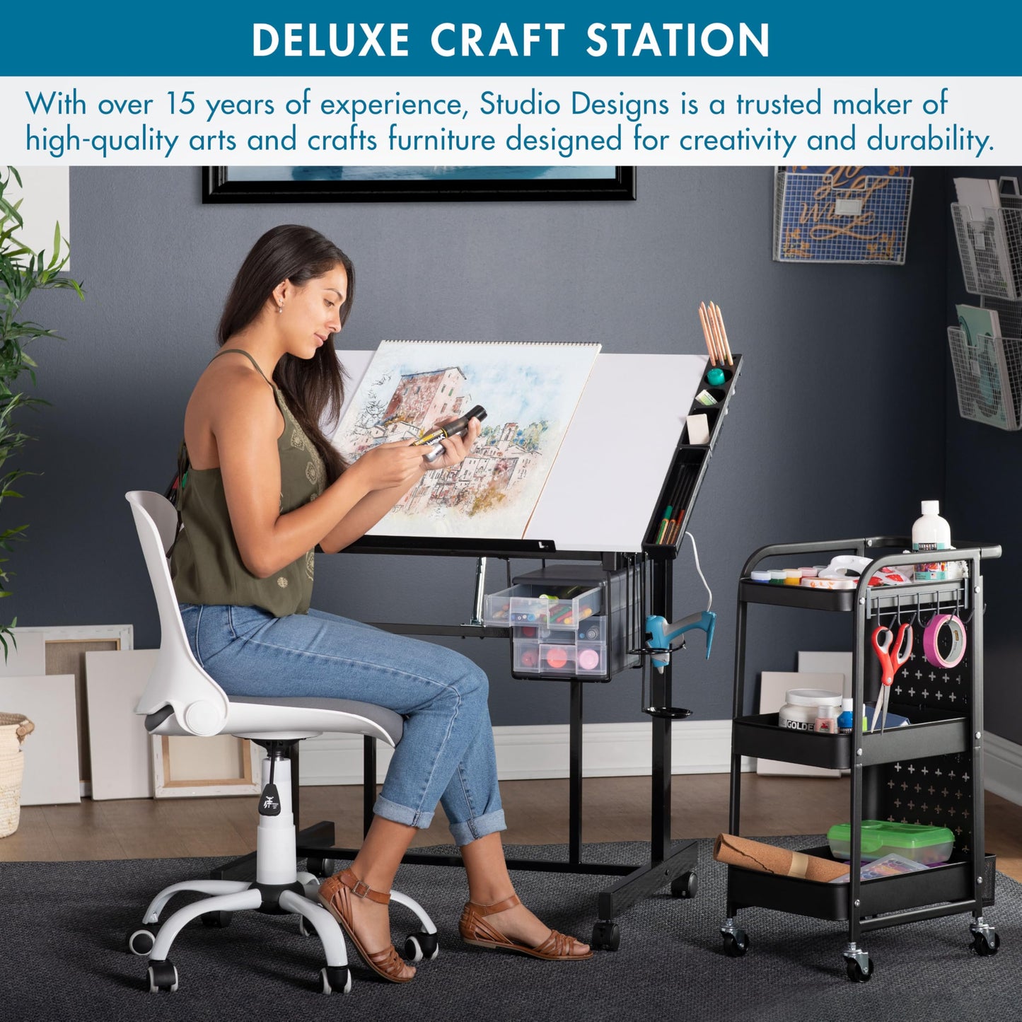 Studio Designs Deluxe Craft Station, Top Adjustable Drafting Table Craft Table Drawing Desk Hobby Table Writing Desk Studio Desk with Drawers, 36''W x 24''D, Black/White