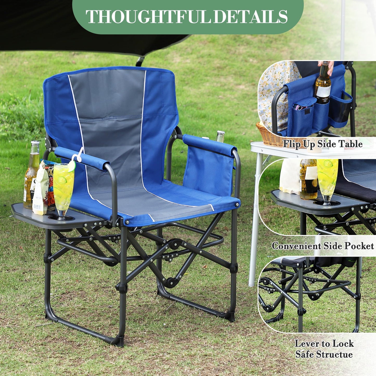 Oversized Camping Directors Chair, Portable Folding Lawn Chairs for Adults Heavy Duty with Side Table, Outdoor Foldable Camp Chair with Pocket for Beach, Fishing, Picnic, Outdoor Foldable Camp Chair