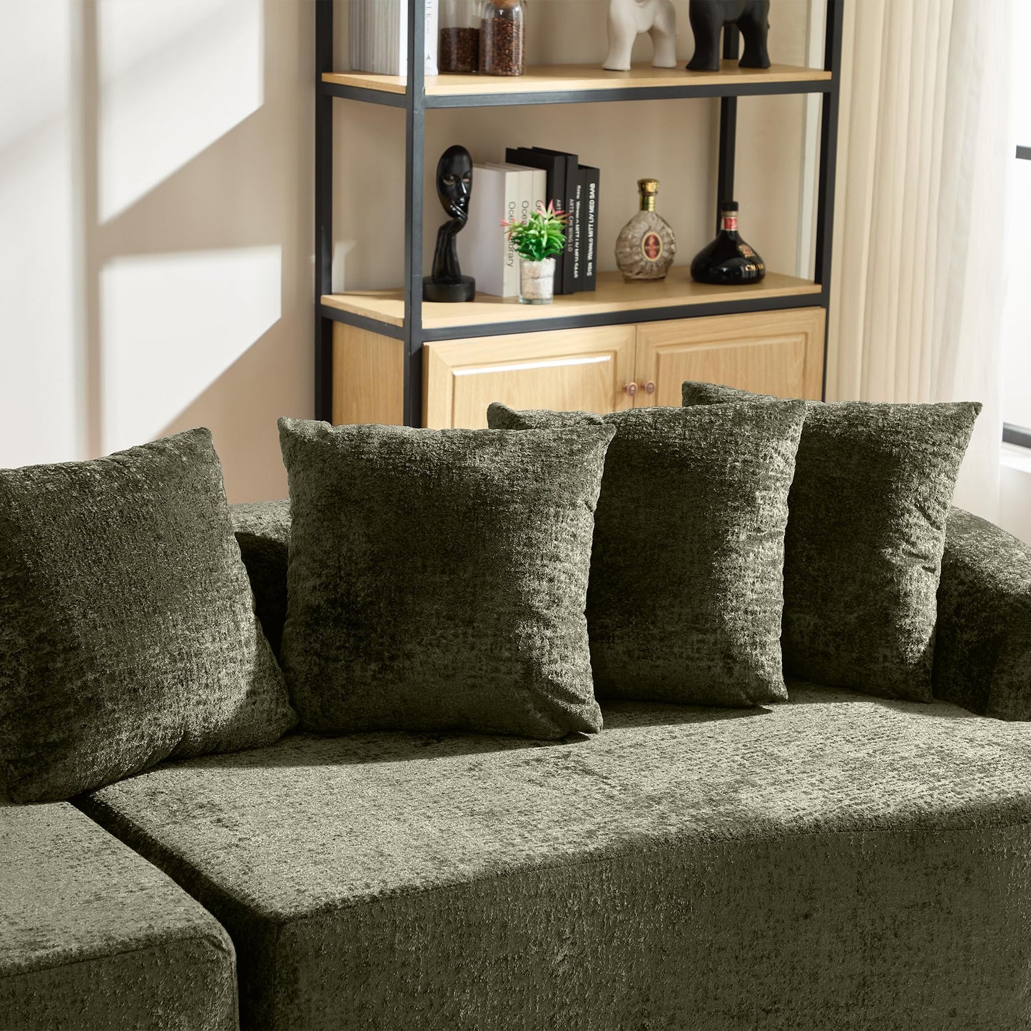 Sectional Sofa, Curved Cloud Sofa Couch, Chenille Full Sponge Chaise for Living Room, Apartment (Olive Green, 110 Inch)