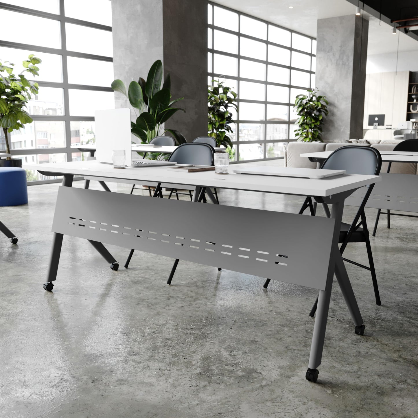 BizChair Commercial Grade 72" x 24" Heavy-Duty Nesting Flip Training Table with Y-Legs, Modesty Panel, 1" Thick White Tabletop, and Gray Steel Frame