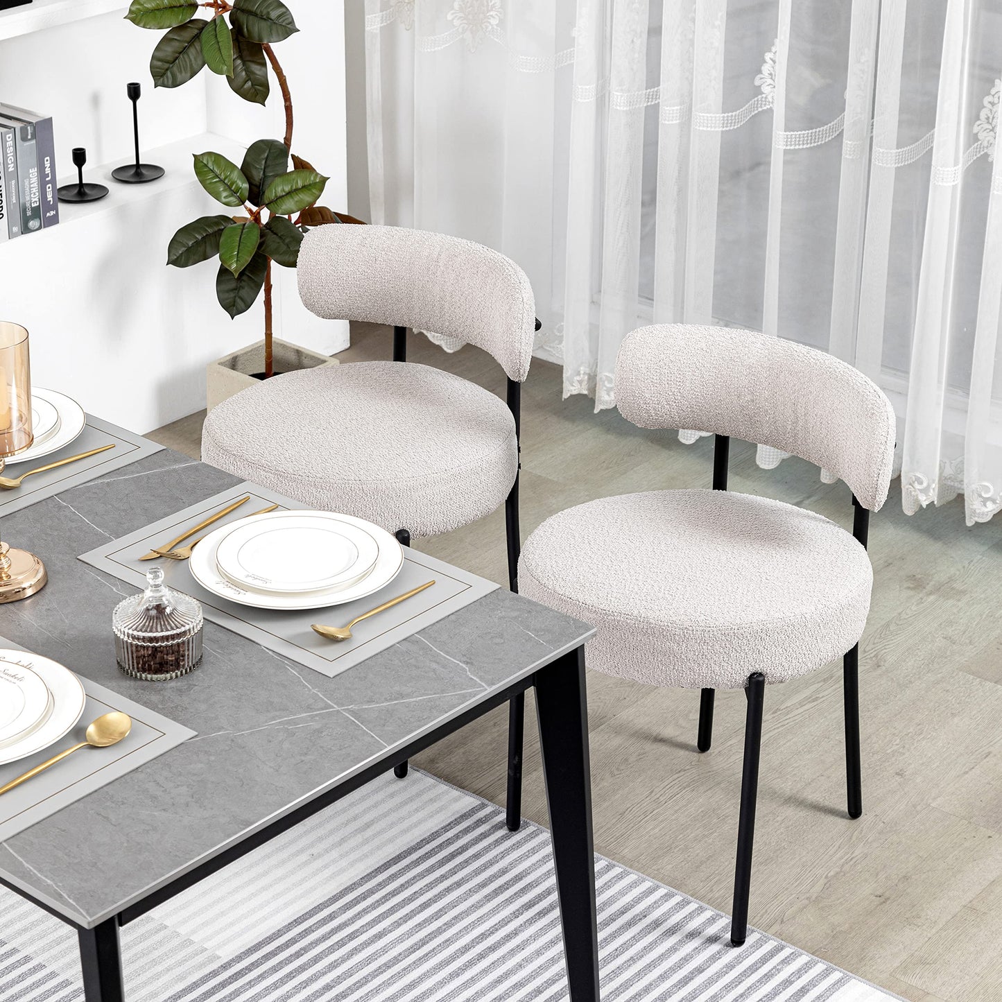 DYHOME Light Grey Boucle Dining Chairs Set of 2, Mid Century Modern Upholstered Kitchen Chairs with Curved Backrest and Black Metal Legs