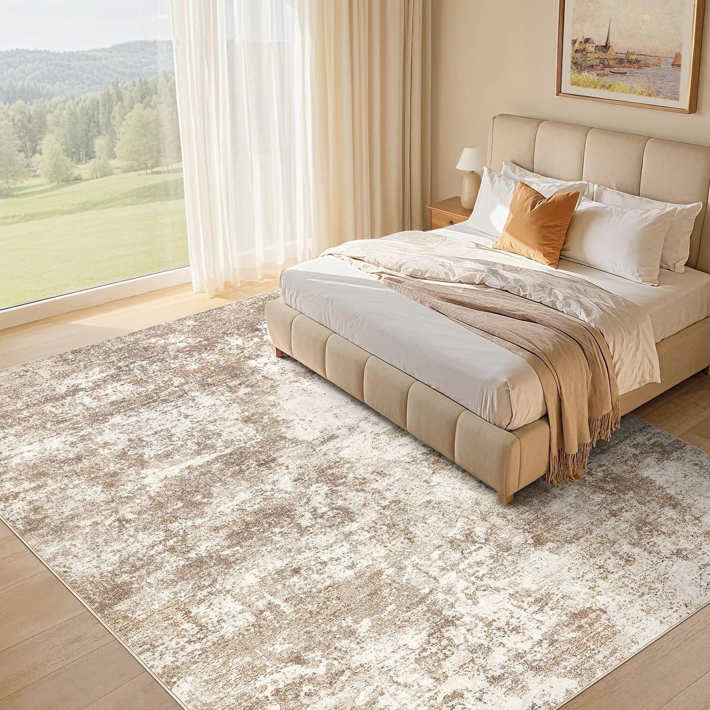 Micgeek Area Rug Living Room - 9X12 Abstract Washable Large Soft Foldable Non Slip Rug Neutral Modern Low Pile Carpet for Bedroom Nursery Dining Room Farmhouse Home Office Indoor - Brown