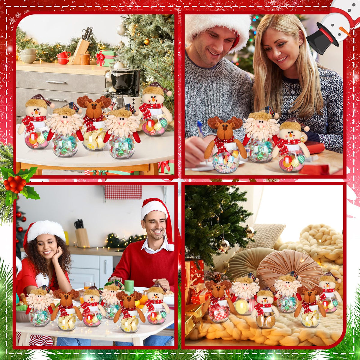 Reallnaive 12 Pcs Christmas Candy Jars with Snowman Santa Elk Lid 5.91 x 3.1 Inch Plastic Clear Christmas Cookie Chocolate Jar Xmas Snack Food Storage Container for Gifts Holiday Party Favor Supplies