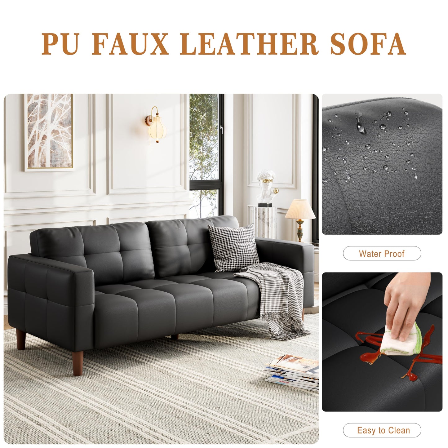 GarveeHome 3-Seater Sofa Couch, 83" Wide Faux Leather Sofa Couch with Spring Cushion, Modern Sofa with Deep Seats and 2 Removable Back Cushions, for Living Room, Apartment, Office, Modern Black