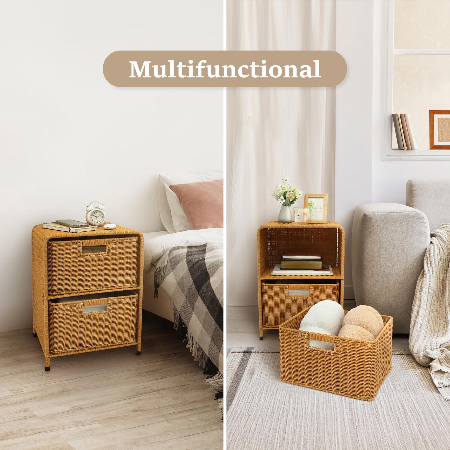 myHomeBody Wicker Nightstand with Drawers, Bed Side Table Bedroom, End Table with Storage, Small Storage Cabinet, Drawers for Bedroom, Latte