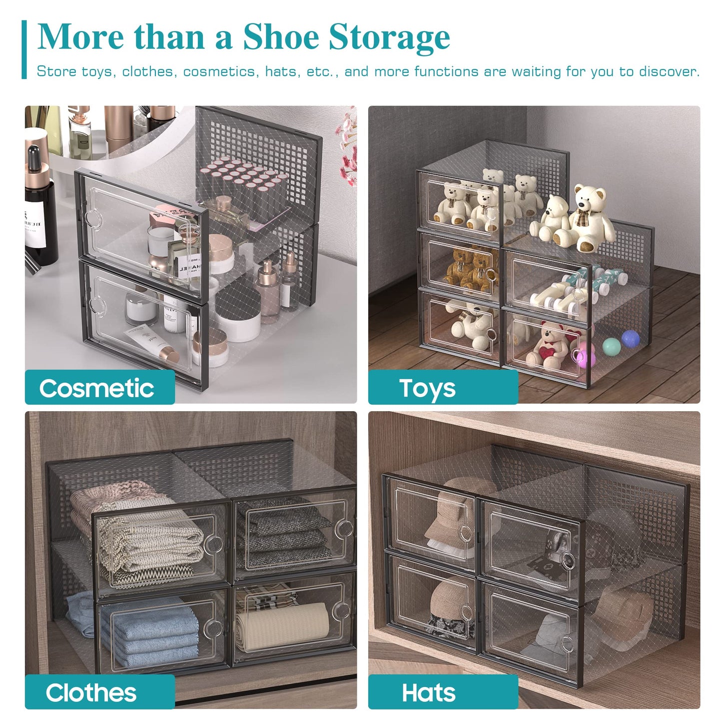 Kuject 12 Pack Large Shoe Boxes, Clear Stackable Containers with Lids,Black