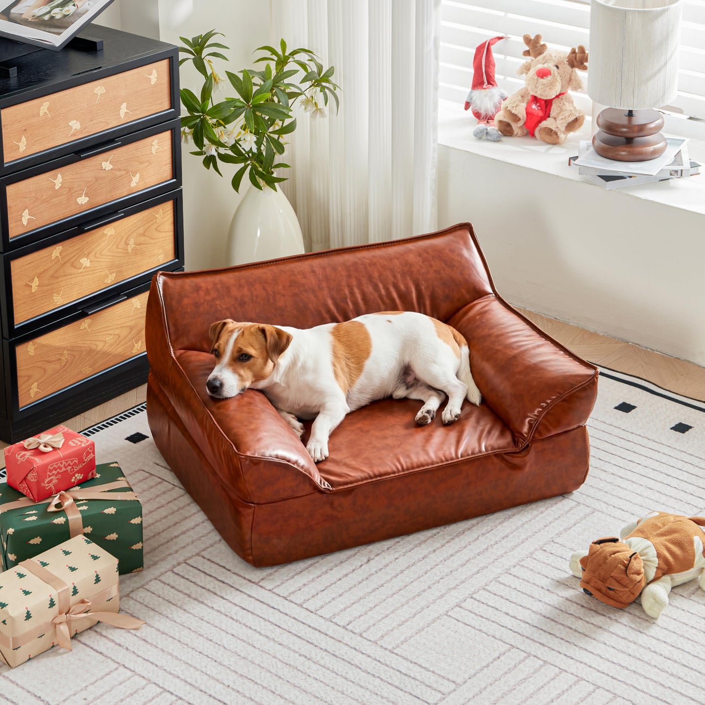 ATJafurn Dog Couch Bed Leather Cat Sofa for Small and Medium Pets Under 50 lbs, Brown Mid Century Modern Elevated Dog Sofa Chair Luxurious Indoor Furniture Style Pet Supplies for Puppy