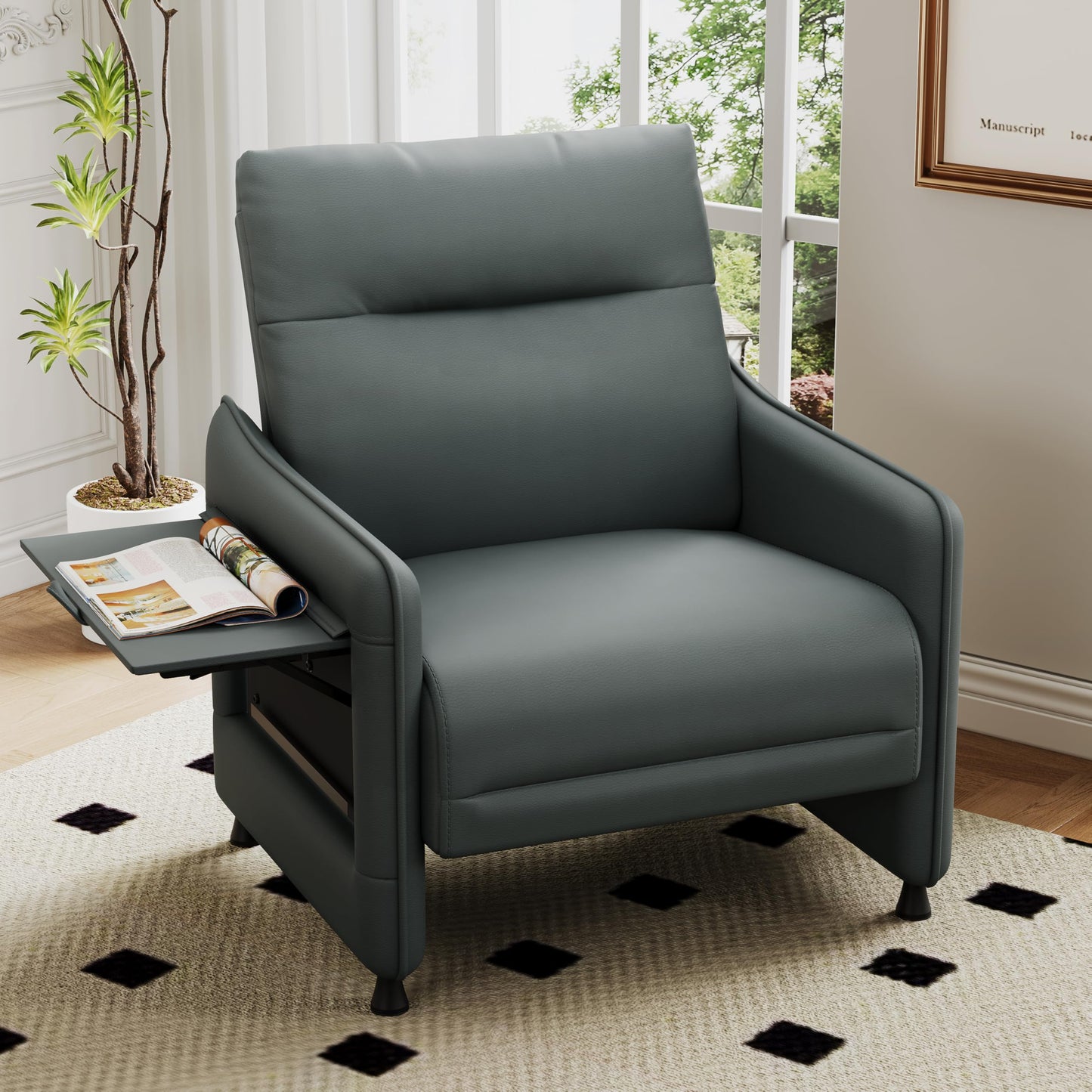 Alunaune Upholstered Living Room Chair Armchair, Mid Century Accent Chair, Reception Couch Slipper Club Lounge Chair Guest Comfy Single Sofa with Sidetable for Bedroom-Grey
