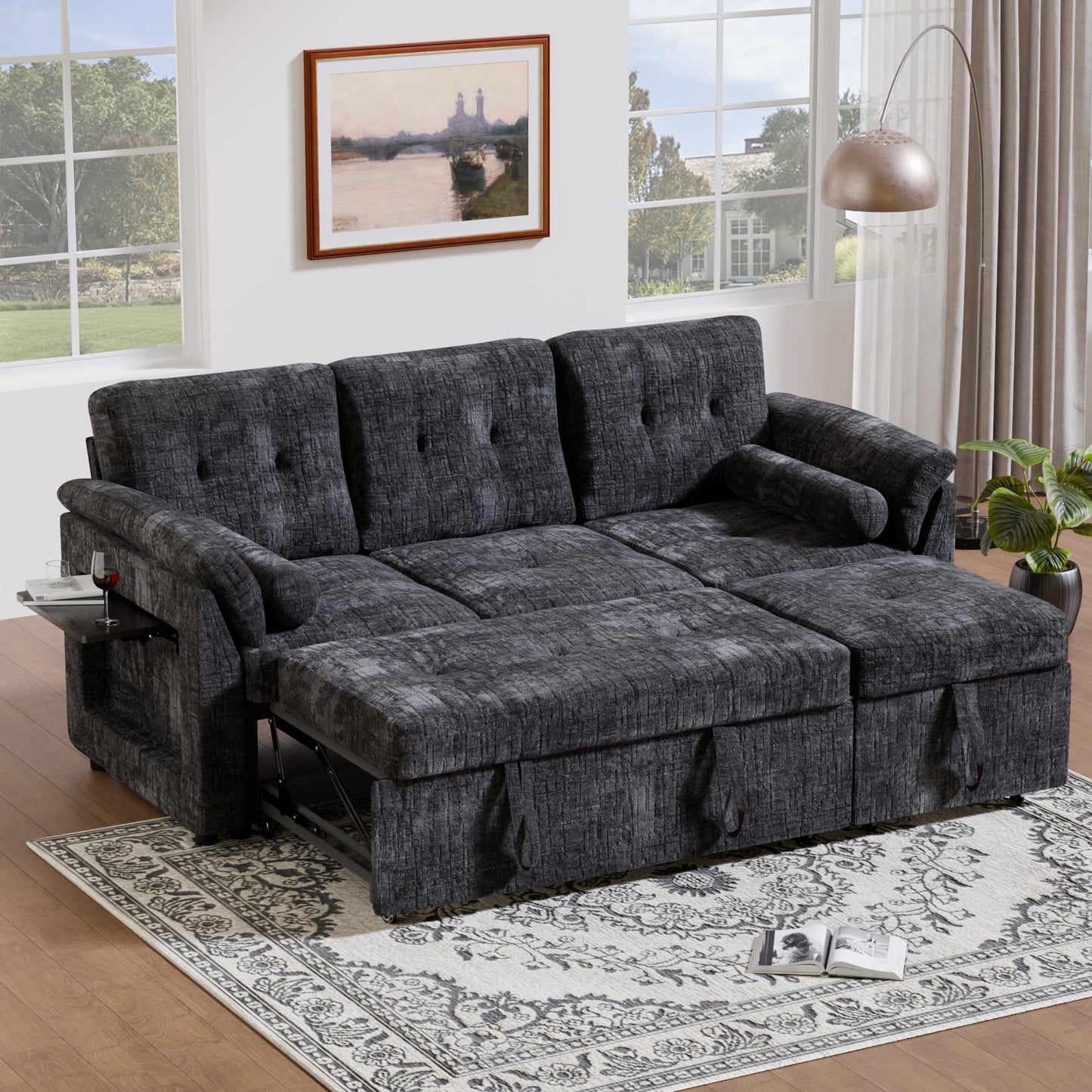 Trygoal Convertible Sleeper Sofa Bed, 63 Inch Chenille Pull Out Couch with Side Table & Adjustable Backrest, Sectional Sleeper Sofa with Pull Out Bed for Living Room, Apartment, Black
