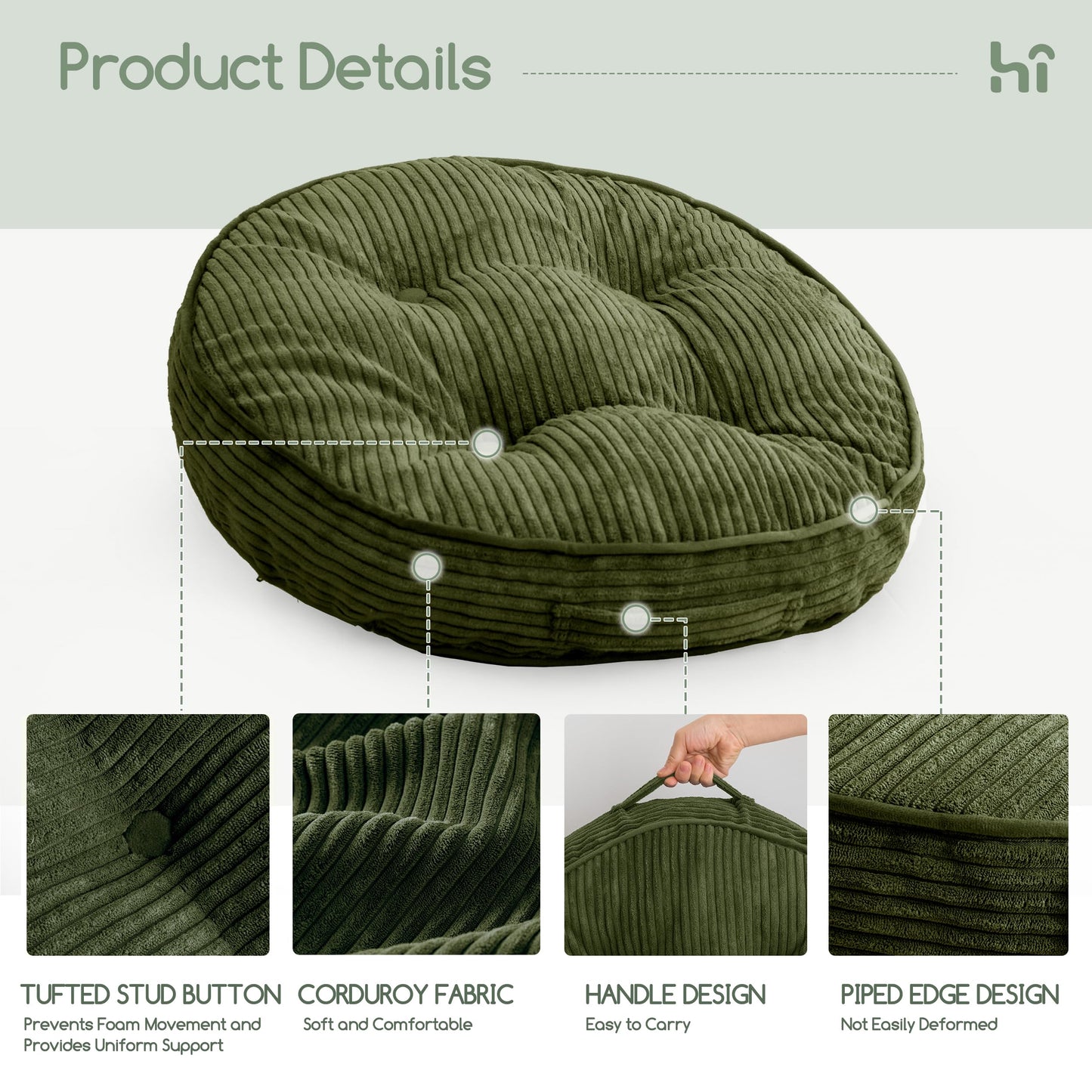 HIGOGOGO 4" Floor Pillow Cushion for Adults, Meditation Cushion Pillow, Large Round Floor Sitting, Tufted Corduroy Cover, for Tatami Living Room or Yoga, 22x22 Inch, Dark Green
