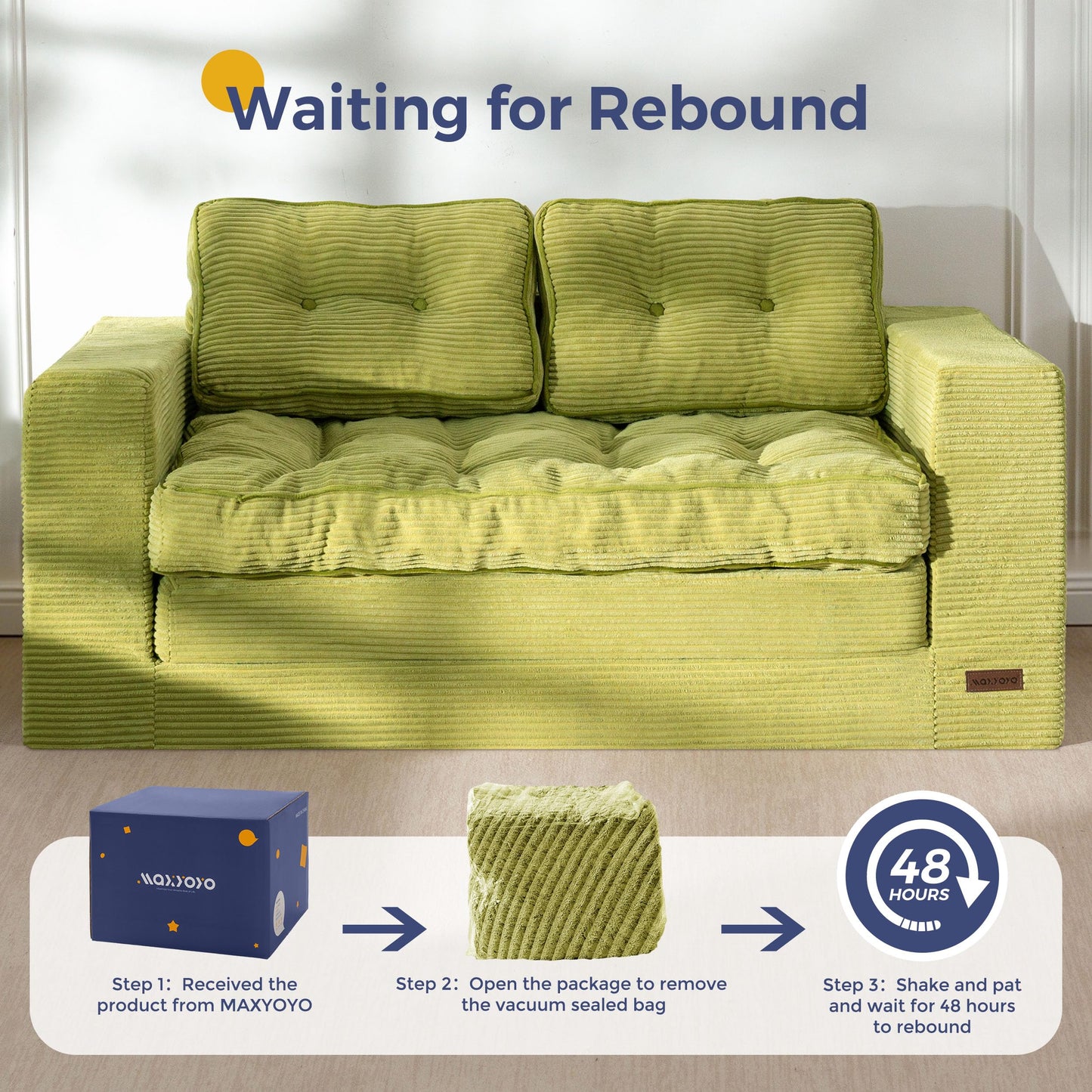 MAXYOYO Convertible Sofa Bed, Pull Out Loveseat Sofa Couch, 2 in 1 Folding Couch Bed, Fold Out Floor Couch with Pillows for Living Room Bedroom Lounge, Green