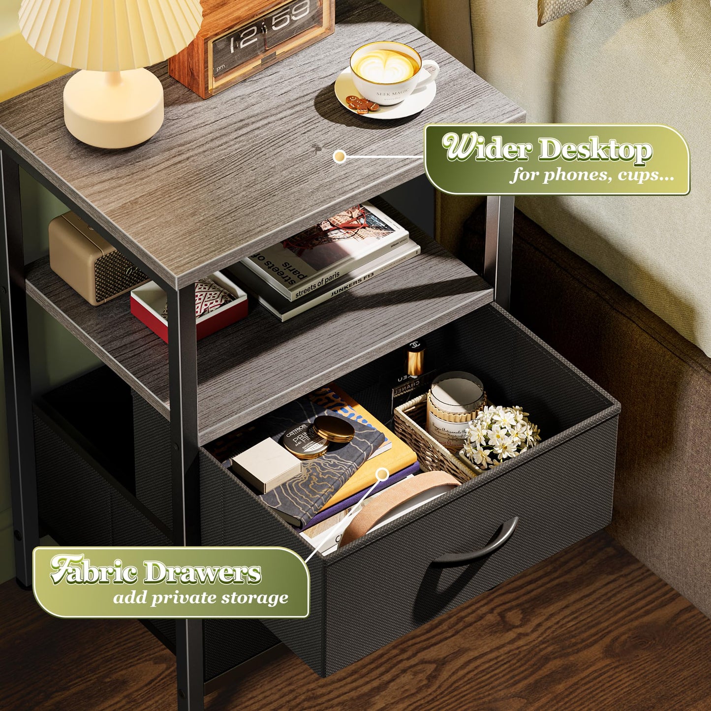 Huuger Night Stand with 2 Drawers, Bed Side Table with Open Shelf, Wooden Top, Nightstand for Bedroom, End Table for Small Space, Fabric Drawer, Grey