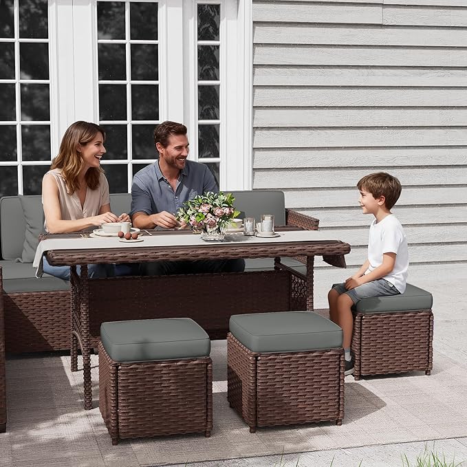 KIGOTY 7 Piece Patio Furniture Set, Outdoor PE Wicker Rattan Outdoor Dining Set