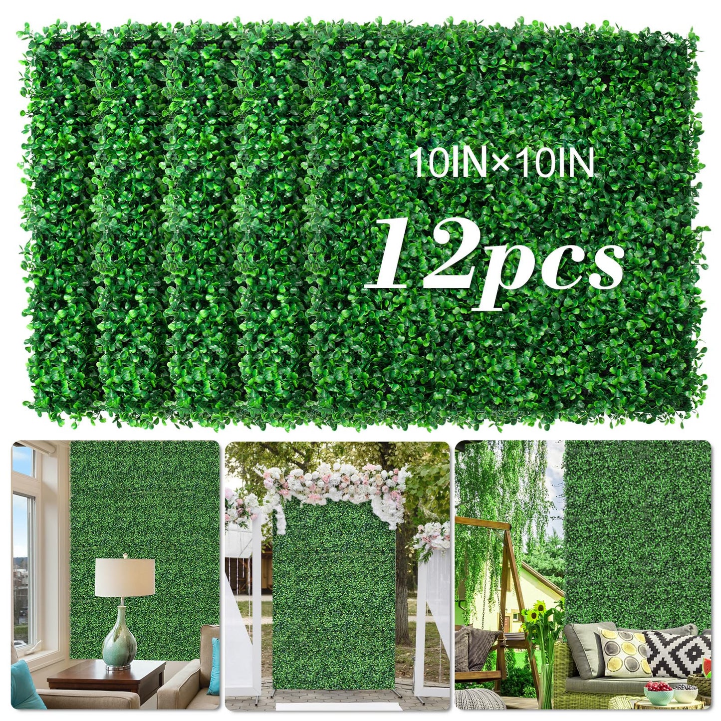 AOKIE 10"X10" Artificial Grass Wall, 12Pcs Boxwood Hedge Wall Panels UV-Anti Grass Backdrop Wall Decor, Greenery Privacy Hedge Screen for Indoor Outdoor Patio Balcony, Party Garden Fence Decor