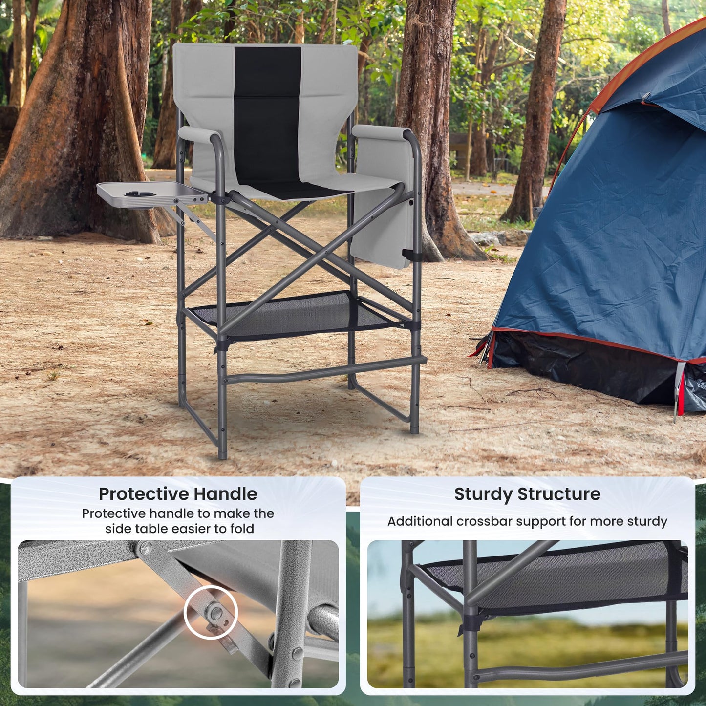 Foristrail 30" Bar Height Director Chair - 400lbs Heavy Duty with Detachable Footrest & Side Table, Portable Foldable Chair for Makeup Artists/Outdoor Events (Black/Gray)