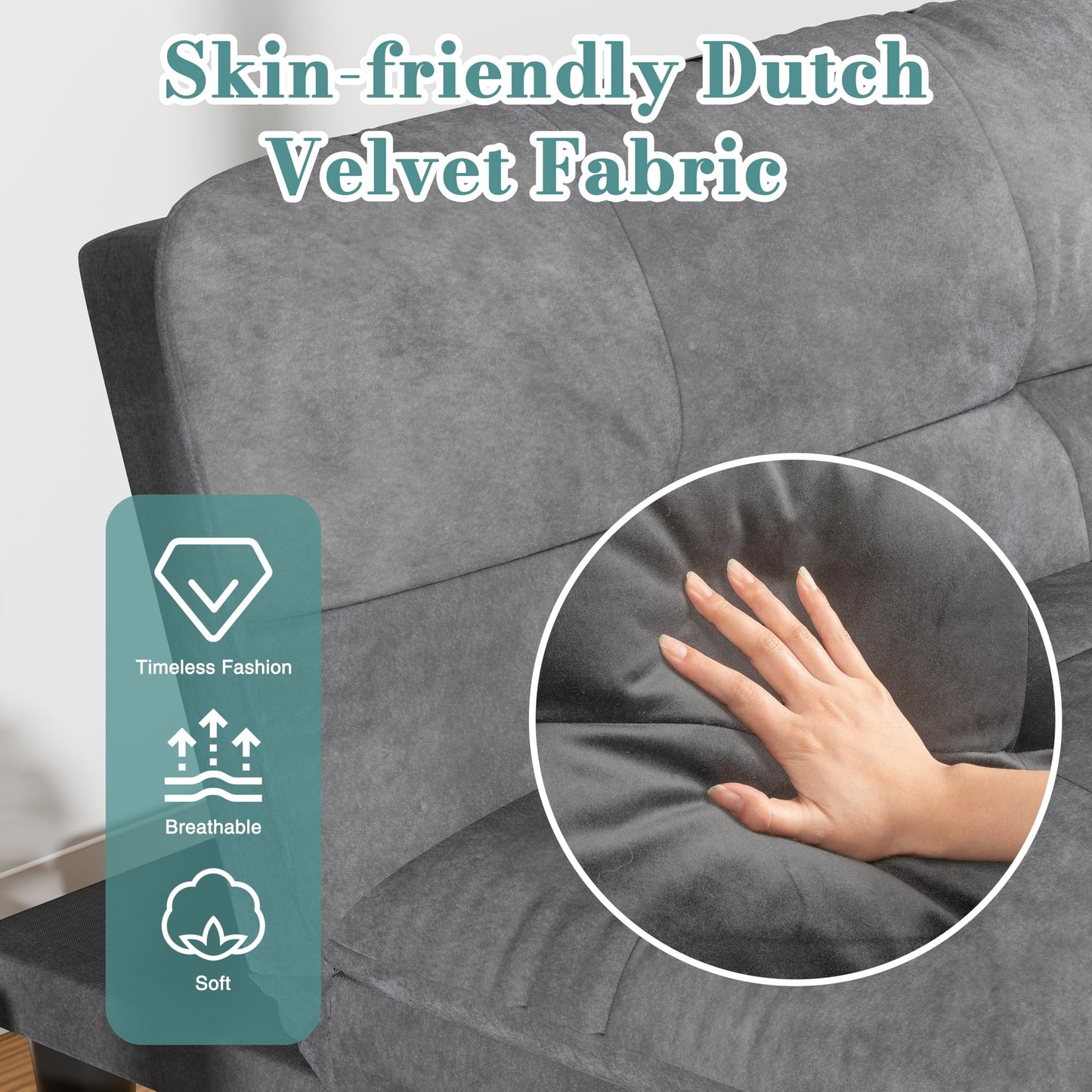 Shintenchi Futon Sofa Bed, Foldable Small Velvet Couch Bed with Adjustable Recliner, Space Saving 2 in 1 Sofa for Living Room, Apartment, or Guest Room, Dark Gray