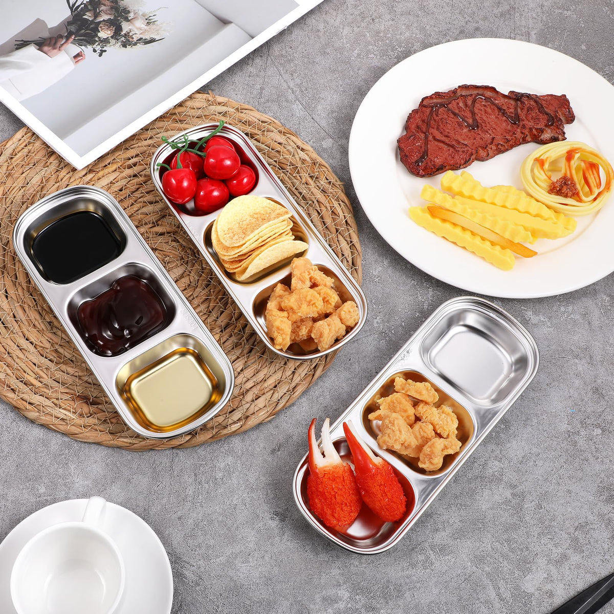 12 Packs Stainless Steel Divided Dip Bowls Soy Sauce Dishes, Divided Serving Tray Chip and Dip Serving Set, 3 Compartment Sauce Plate Seasoning Dipping Condiment Tray for BBQ Vinegar Spice Sugar