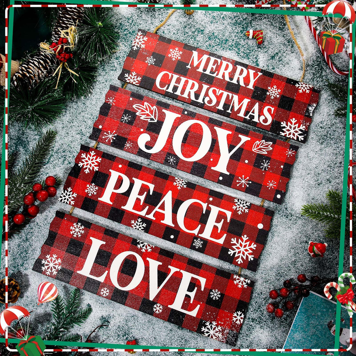 Geelin 4 Pcs Christmas Wood Hanging Signs - Merry Christmas, Joy, Peace, Love - Wooden Square Sign Decoration for Home Indoor Outdoor(Plaid Style)
