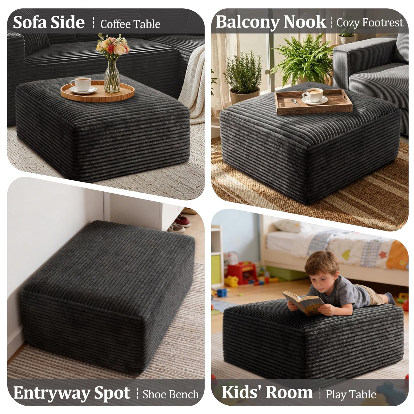 Corduroy Ottoman, Modern Boneless Cloud Foot Rest Foam Support, Oversized Modular Sectional Sofa Stool for Living Room, Bedroom & Small Spaces, No Assembly Required (Drak Gray, Ottoman)