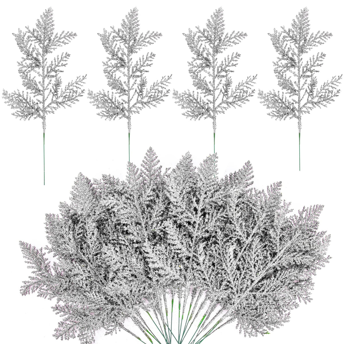 Watayo 30 PCS Glitter Artificial Pine Needles-10.6 Inch Fake Foliage Pine Stems Picks for DIY Garland Wreath Christmas Embellishing and Home Garden Decoration (Silver)