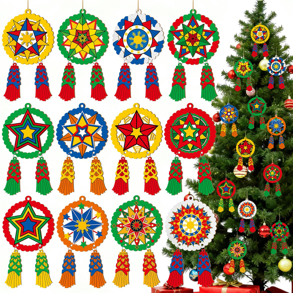 24 Pcs Christmas Parol Lantern Filipino Wooden Philippine Christmas Ornaments for Tree Decorations Hanging Ornaments Traditional Capiz Star Pendant Sign for Xmas Gift Home Window Holiday Decor Navidad