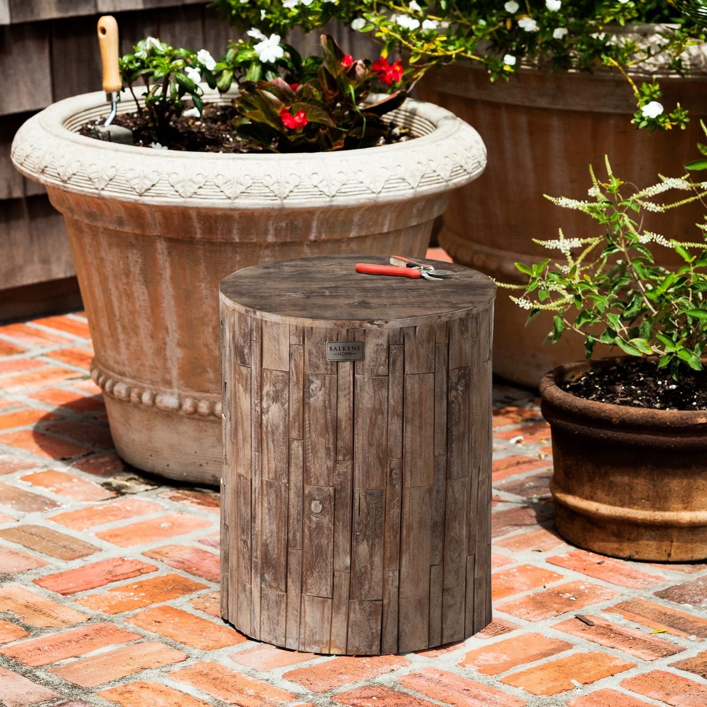 Patio Sense 62420 Elyse Round Rustic Garden Stool Wood Outdoor Seating & End Table Portable Adaptable Outdoor Furniture Ideal For Entertaining, Gardening & Decor - Seasoned Patina Finish May Vary