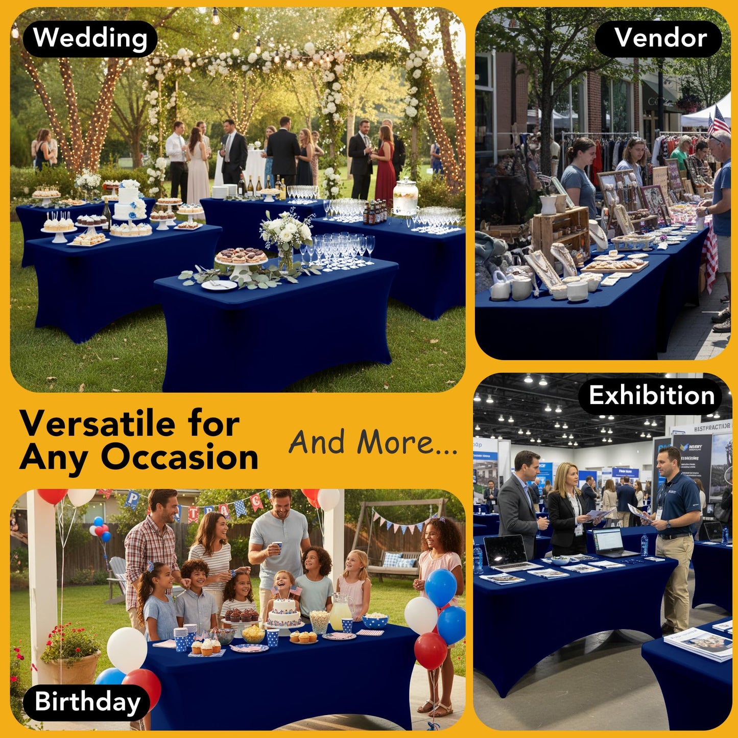 Dailyset 6-Pack Premium Navy Blue Spandex Tablecloths for 6ft Rectangle Tables, Stain & Wrinkle-Resistant, Washable Stretch Polyester Fitted Table Cover for Weddings, Banquets, Trade Shows Events