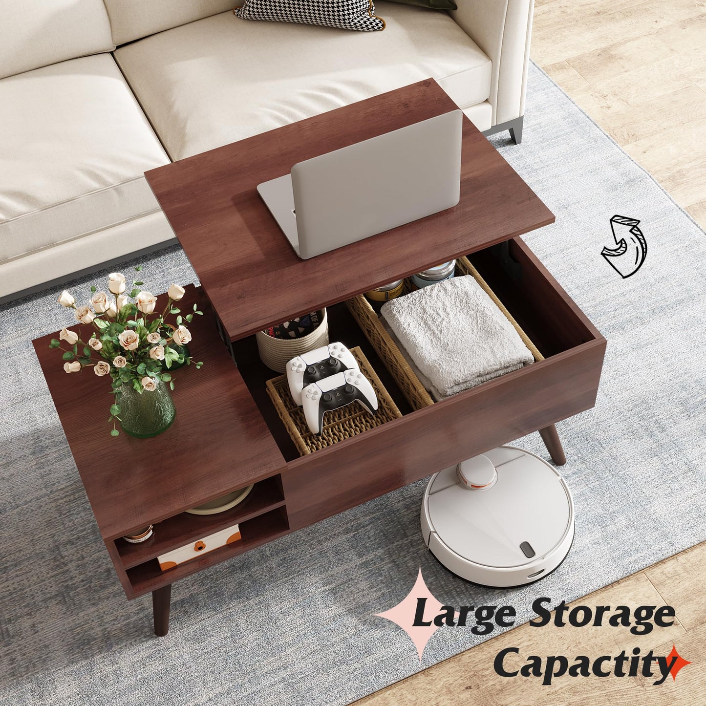 WLIVE Lift Top Coffee Table for Living Room,Small Coffee Table with Storage,Hidden Compartment and Adjustable Shelf,Mid Century Modern, Wood,Cherry,Espresso.